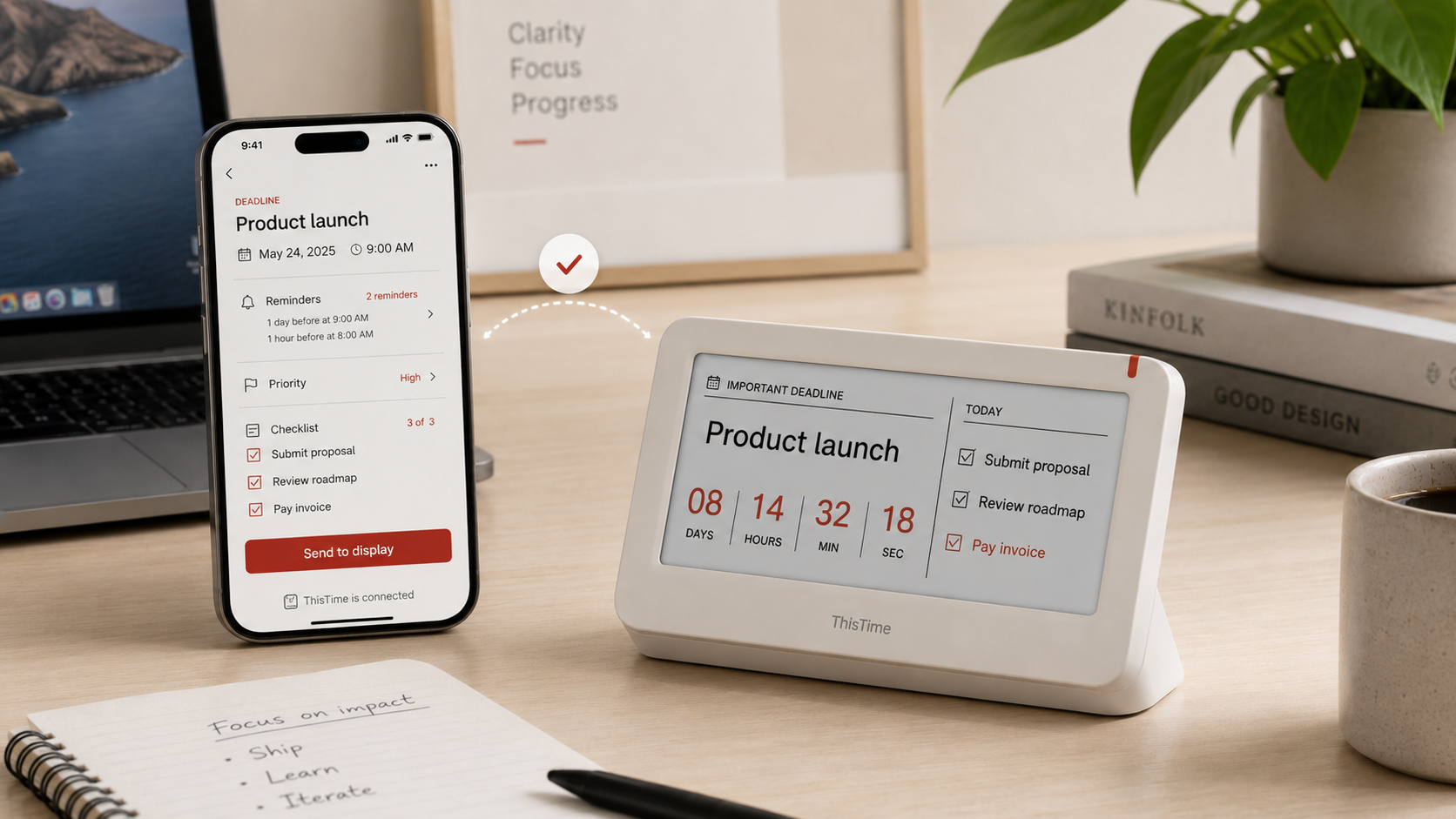 ThisTime mobile app connected to the desk countdown display, sending a product launch deadline and checklist over Bluetooth.