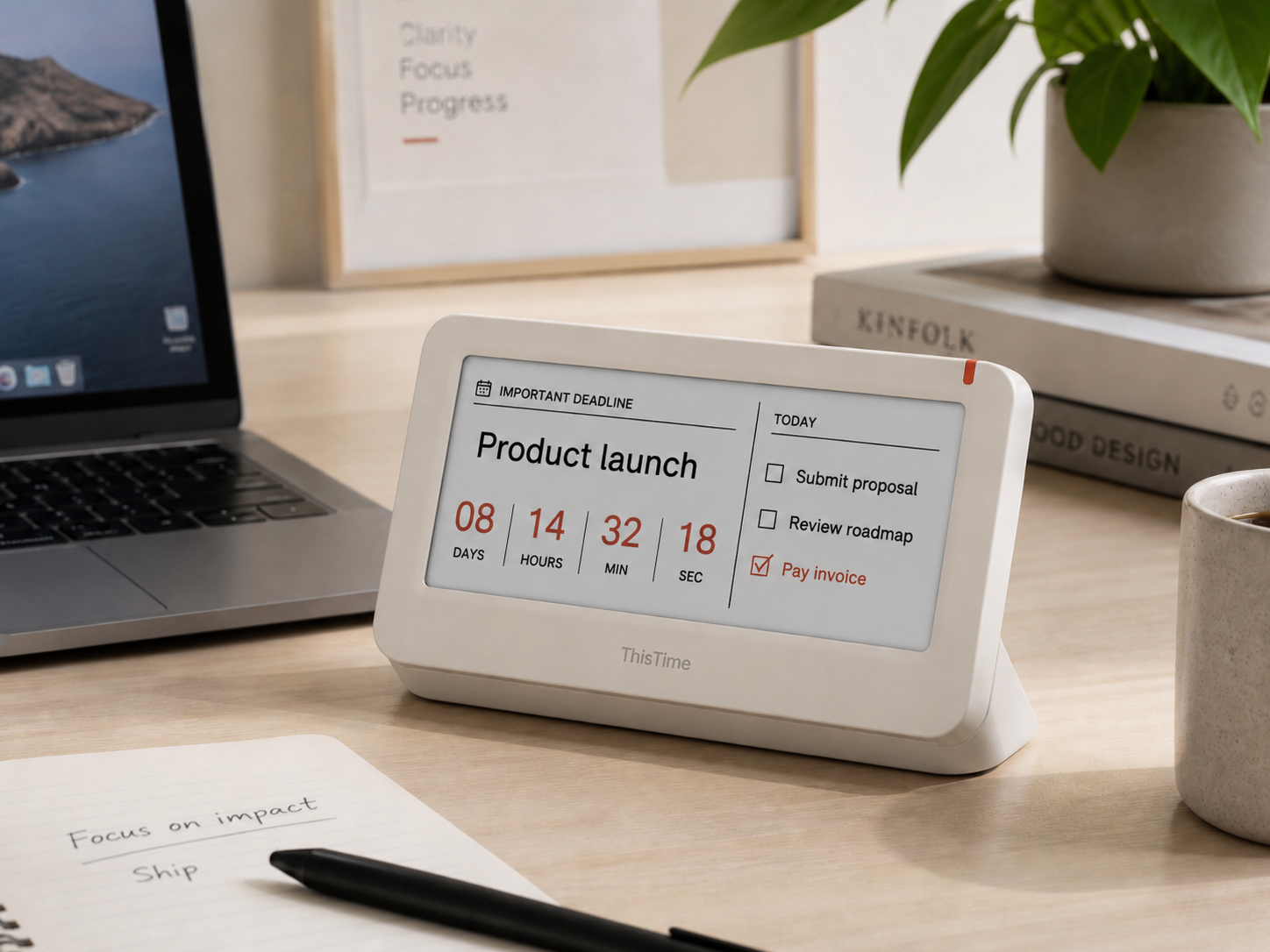 ThisTime desk countdown display showing a product launch deadline beside a laptop, notebook, books, plant, and coffee.